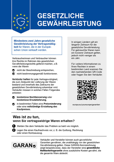 Gesetzliche Gewährleistung: Mindestens zwei Jahre gesetzliche Gewährleistung der Vertragsmäßigkeit für Waren, die in der EU verkauft werden.